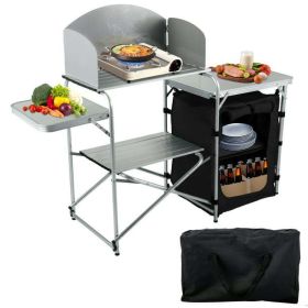 Camping Kitchen Station, Aluminum Portable Folding Camp Cook Table with Windshield, Storage Organizer and 4 Adjustable Feet