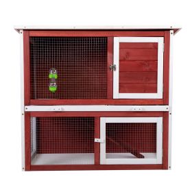 Wood Rabbit Hutch, Pet Playpen with 2 Stories, Ramp, Doors, Pull-out Tray, Water Bottle, Outdoor Enclosure for Small Animals Bunnies, Red and White